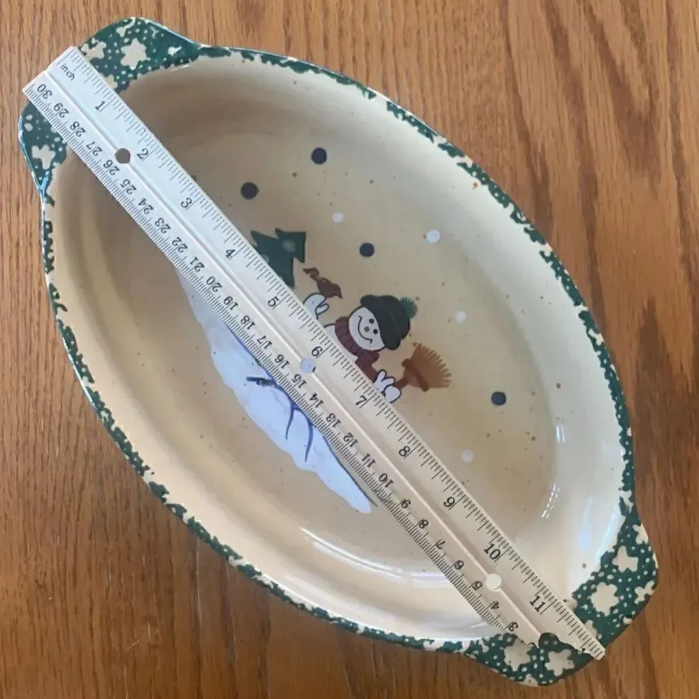 Stoneware Casserole Dish Green Spongeware Snowman